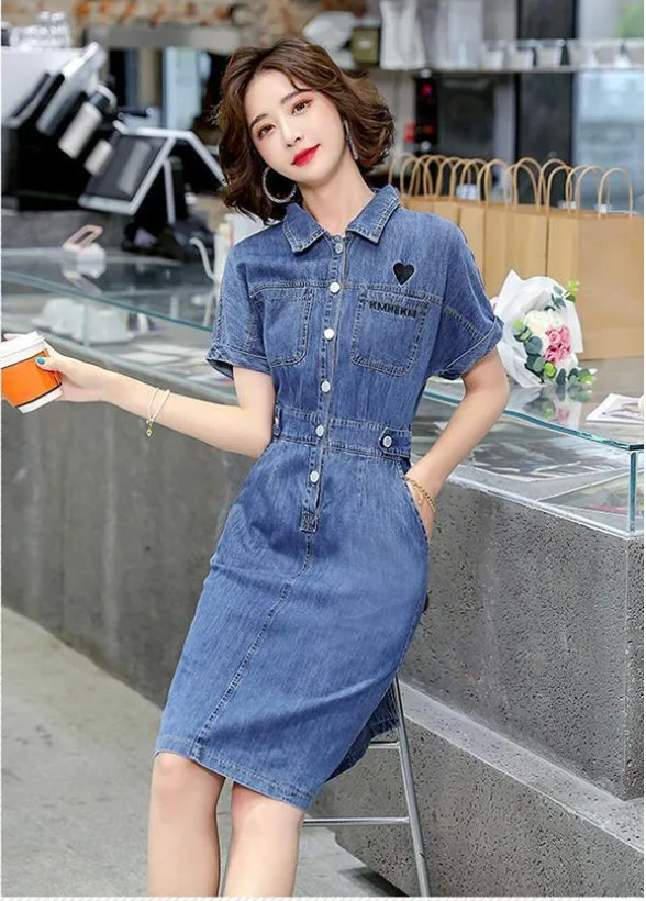 ĐẦM JEAN CỔ SƠ MI EO THUN THÊU TIM
